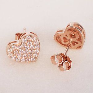 New 18K Rose Gold Plated Pave Heart Stud Earrings
